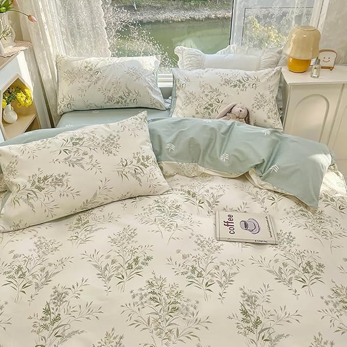 LifeTB Floral Botanical Comforter Set Full Size, Aesthetic Flower Leaves Pattern Cute Floral Bedding Comforter Set, 3 Pieces Lightweight Soft Fluffy Botanical Flowers Comforter with 2 Pillowcases