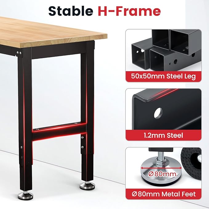 Work Bench 41 Inch Workbench for Garage Adjustable Height Heavy Duty Work Table Rubberwood Tabletop for Cutting Wood Shop Home Office Electronic Woodworking