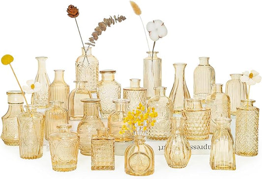 24pcs Glass Bud Vase Set, Small Gold Amber Flower Vases for Centerpieces in Bulk, Mini Vintage Vase for Wedding, Home,Table Decoration