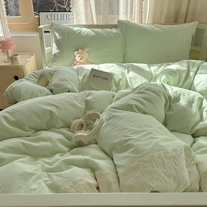 LifeTB Green Gingham Duvet Cover King 3 Pieces Romantic Lace Duvet Cover Soft Washed Microfiber Green Grid Plaid Comforter Cover with 2 Pillowcases Farmhouse Checkered Gingham Bedding Set