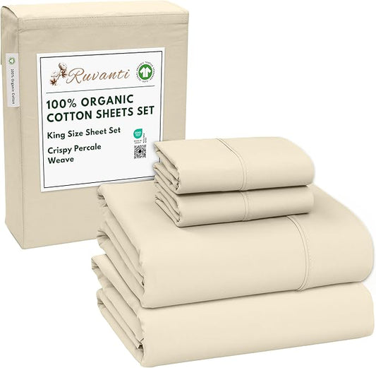 RUVANTI 100% Organic Cotton Sheets King Size, Percale Weave, GOTS Certified, 4-Piece Set, Deep Pocket 15", Crisp & Breathable, Soft Durable Bedding, Sábanas Algodón Orgánico – Cloud Cream