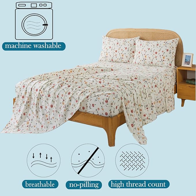 Zusbest King Size Sheets 100% Percale Cotton Off White Floral Bed Sheet Set, Brushed for Extra Softness, Breathable Luxury Flannel Sheets Like Pink Flower Print Deep Pocket Bed Set 17.5'' 4 Pcs