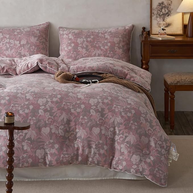 HighBuy Pink Floral Comforter Set Queen Boho Chic Muslin Cotton Bedding Comforter Sets Lightweight Soft & Warm Bed Comforter Queen with 2 Pillowcases for All Season