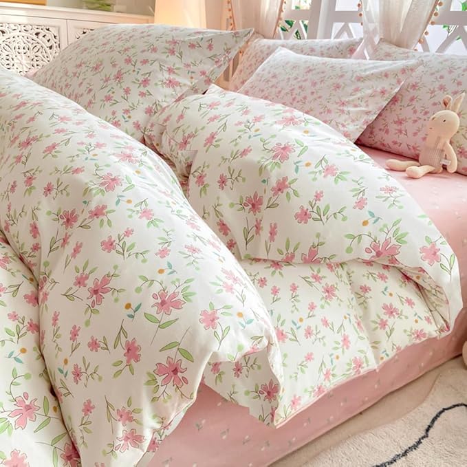 VM VOUGEMARKET Pink Flower Comforter Set Full - Cute Floral Bedding Sets for Girls Women,3 Pieces,1 Soft Lightweight Botanical Flowers Comforter with 2 Pillowcases