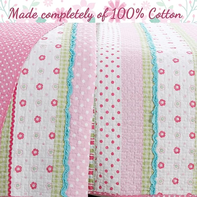 Cozy Line Home Fashions Pink Polka Dot Flower Girl 100% Cotton Reversible Quilt Bedding Set, Coverlet, Bedspread (Greta Pastel, Queen - 3 Piece: 1 Quilt + 2 Shams)