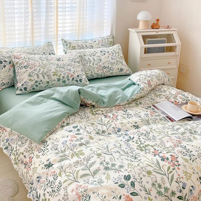 Sage Green Floral Duvet Cover Queen Size Comforter Cover Cotton Floral Cottagecore Bedding Sets Queen Vintage Boho Flower Comforter Cover Botanical Wildflower Plants Duvet Cover with 2 Pillowcases