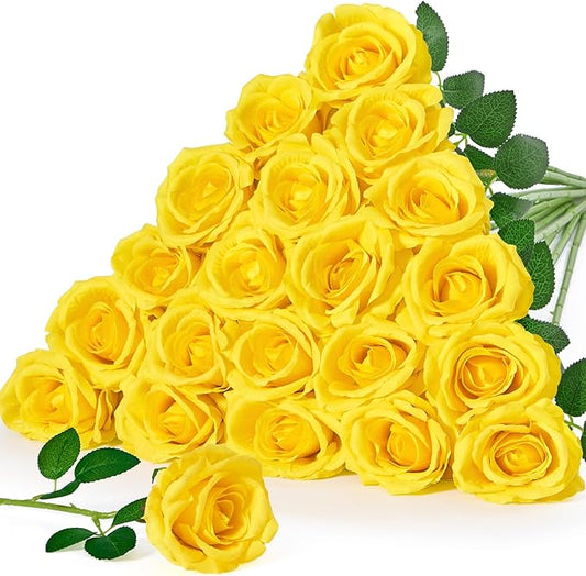 Serwalin 20pcs Artificial Yellow Roses, 4''Big Velvet Flower Head Fake Roses, Realistic Silk Roses Real Touch Bouquet Long Stems for Mother, Wedding Home Decor and Table Centerpiece