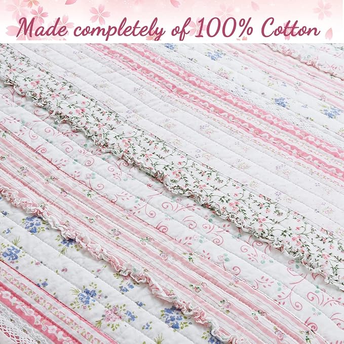 Cozy Line Home Fashions Shabby Chic Pink Flower Lace Ruffle Stripe 100% Cotton Reversible Quilt Bedding Set, Coverlet, Bedspread (Pink,King - 4 Piece: 1 Quilt + 2 KingSham + 1 Décor Pillow)