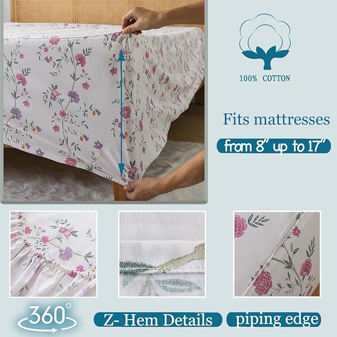 Zusbest- Queen Sheets, Soft 100% Cotton Pink & Off White Floral Bed Sheets,Shabby Vintage Chic Purple Flower Printed Sheets,Breathable Home Decor, Garden Style 4 Piece Deep Pocket Sheets（Rosy）