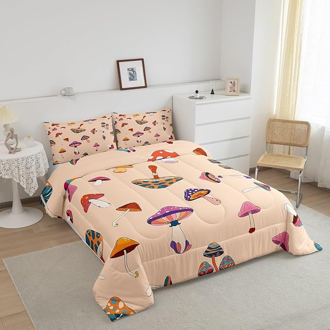 Retro Trippy Mushroom Bedding Comforters King Size,Hippie Plant Duvet Set for Bedroom Decor,60s 70s Cartoon Style Durable Comforter Set with 2 Pillowcases