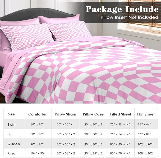 Comforter Set Queen Size, Pink Cool Geometric Plaid 7 Pcs Bedding for Kids and Adults, Chess Checkered Baby Bed Sheet Sets with Fitted Sheet 2 Pillowcase & 2 Sham for Bedroom Bed Decor