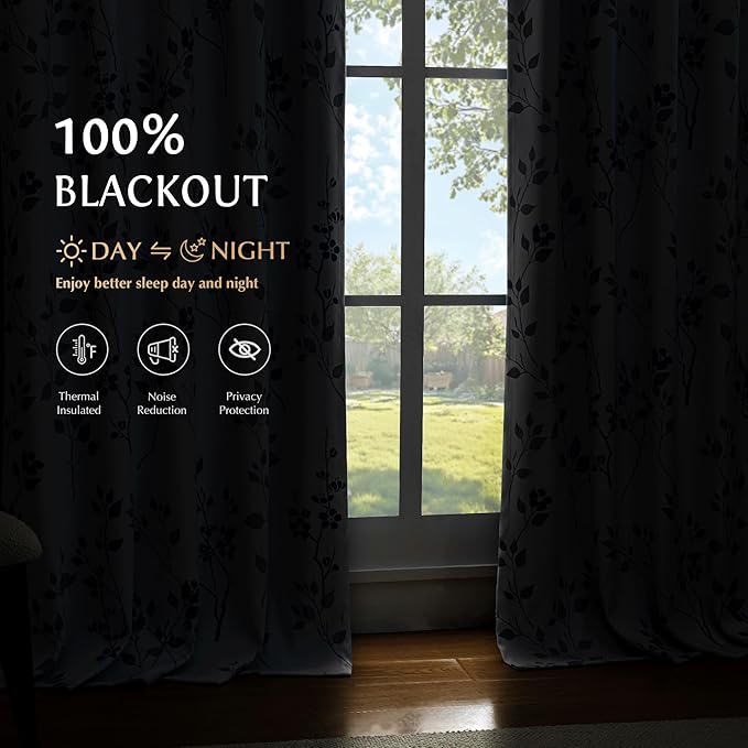 Beauoop Floral 100% Blackout Curtains 63 Inch Length 2 Panels for Bedroom Living Room Blue Grey and White Flower Patterned Room Darkening Thermal Soundproof Grommet Window Treatments Drapes, 52X63