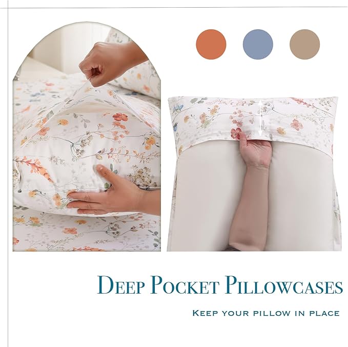 Zusbest Floral Bed Sheets Cal King Percale Cotton Orange Blue Flower Sheet Set Green Botanical Printed on White Patterned Deep Pocket Sheets, Crisp Soft Breathable for Hot Sleepers, California King