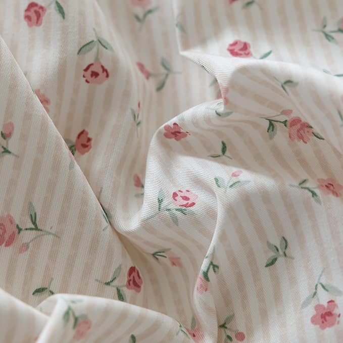 Cotton Floral Duvet Cover Full Size Pink Rose Flower Comforter Cover Chic Floral Stripes Bedding Set Girls Women Cottagecore Duvet Cover with 2 Bowknot Pillowcases Vintage Flower Bedding Set Full