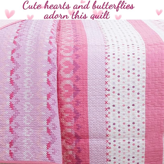 Cozy Line Home Fashions 100% Cotton Pink Heart Polka Dot Girl Reversible Bedding Quilt Set, Bedspread Coverlet for All Seasons (Butterfly Knit, Queen-3 Piece)