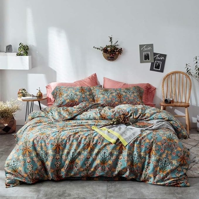 EAVD Vintage Style Flower Duvet Cover Full Soft 100% Cotton Chic Floral Boho Bedding Set with 2 Pillowcases Garden Gorgeous Floral Full Duvet Cover with Zipper Closure 4 Ties