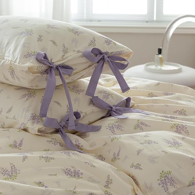 Cotton Duvet Cover King Chic Purple Floral Bedding Set Vintage Botanical Lavender Flower Duvet Cover Garden Style Lilac Floral Comforter Cover with Zipper Closure Girls Cottagecore Bedding Set King