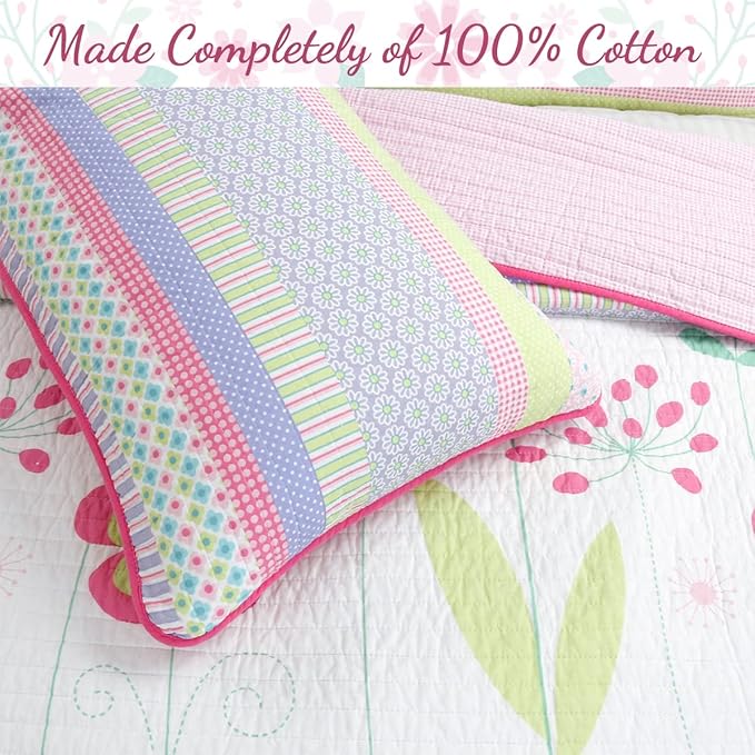Cozy Line Home Fashions Pink Lavender Green Floral Print Girl 100% Cotton Reversible Quilt Bedding Set, Coverlet, Bedspread (Blossom, Twin - 4 Piece)