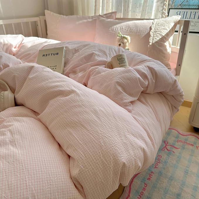 LifeTB Pink Gingham Duvet Cover Full Size 3 Pieces Romantic Lace Duvet Cover Pink Plaid Checkered Comforter Cover with 2 Pillowcases Soft Breathable Microfiber Grid Farmhouse Plaid Bedding Set