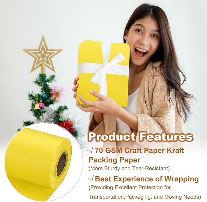 PATIKIL Wrapping Paper, 20" x 600"(49') 70 GSM Craft Paper Roll Kraft Packing Paper for Poster Bulletin Board, Gift Wrapping, Yellow