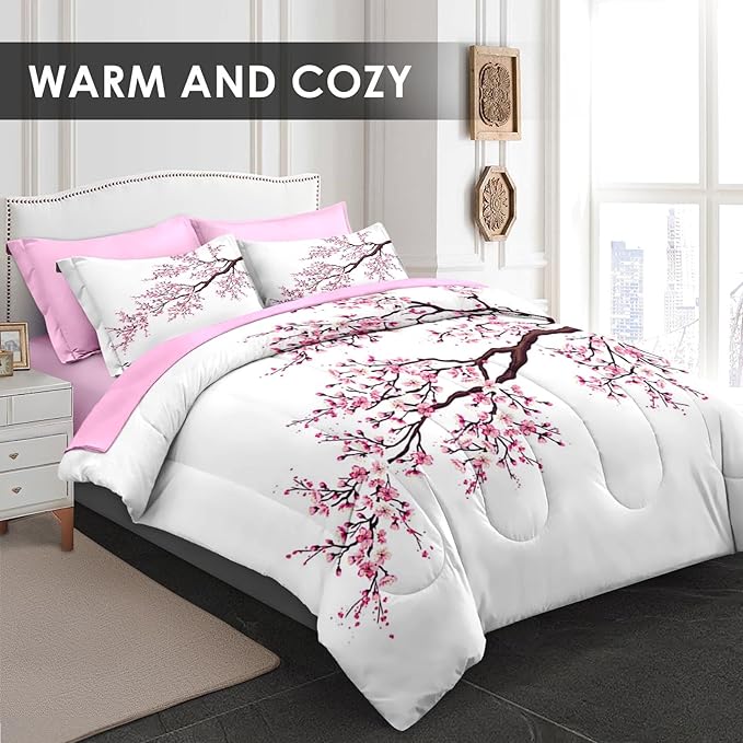 Comforter Set Queen Size, Japanese Cherry Blossom 7 Pcs Bedding for Kids and Adults, Flower Painting Pink Bed Sheet Sets with Fitted Sheet 2 Pillowcase & 2 Sham for Bedroom Bed Decor