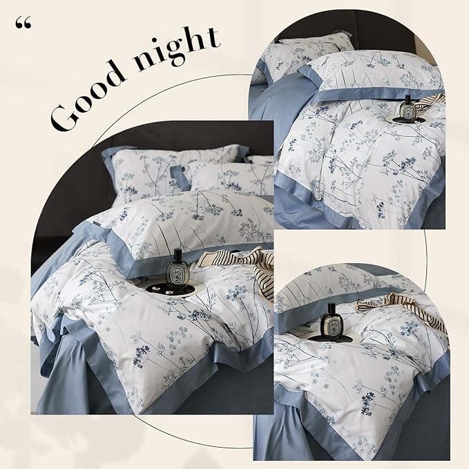 HighBuy Cute Blue Floral Duvet Cover Twin Boho Floral Cotton Soft Girl Twin Comforter Cover Cottagecore Flowers Plant Pattern Luxury Bedding Set,1 Duvet Cover 68x86,2 Pillowcases for Women Teen