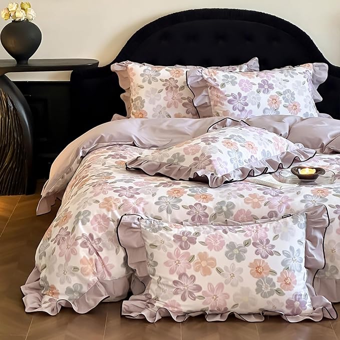 HighBuy Aesthetic Floral Duvet Cover Set King Ruffle Vintage,100% Brushed Cotton Coquette Ruffle Bedding Set,Purple Blush Flowers Bedding Set,Duvet Cover with 2 Pillowcases (20"x36")