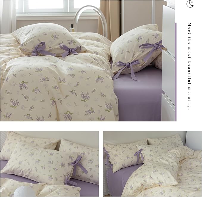 Purple Flower Duvet Cover Full 3 Pieces Girls Cottagecore Bedding Set 100% Cotton Lavender Flower Comforter Cover Floral Botanical Duvet Cover with Zipper Closure Vintage Country Bedding Set Full