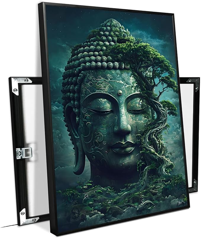Buddha statue wall art canvas wall decor aesthetic picture mystical nature art for tranquil home and spiritual space 20x30in Metal blackFramed