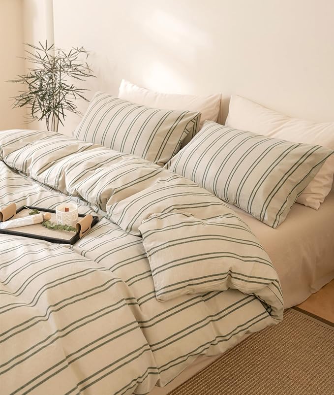 VM VOUGEMARKET Green Stripes Comforter Set King Modern Simple Bedding Comforter with 2 Pillowcases Farmhouse Style Lightweight Cotton Comforter Set for Adults