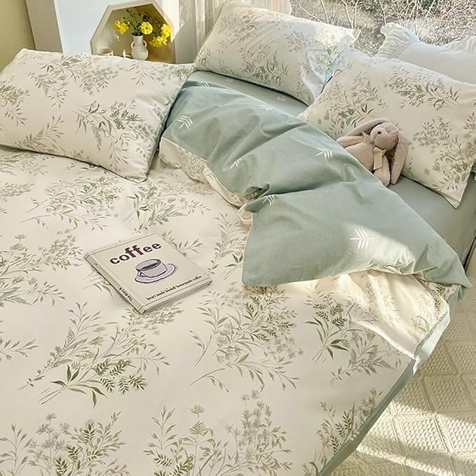 Garden Style Floral Duvet Cover Twin 3 Pieces Vintage Cottagecore Bedding Set 100% Cotton Botanical Floral Comforter Cover for Girls Women Chic Flower Leaves Plants Pattern Farmhouse Bedding Set