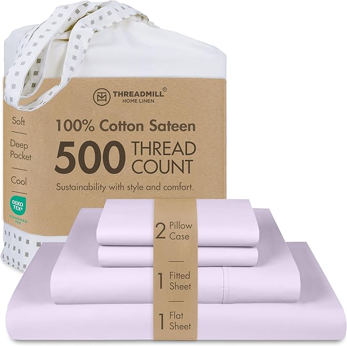Threadmill Cotton Sheets for King Size Bed, 100% Cotton, 500 Thread Count, Deep Pocket Sheet Set for King Size Bed, Snug Fit, Soft & Crisp Cooling Hotel Quality Bed Sheets 4 Piece Set, Lilac