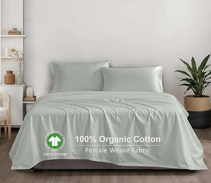 RUVANTI 100% Organic Cotton Sheets Queen Size, Percale Weave, GOTS Certified, 4-Piece Set, Deep Pocket 15", Crisp & Breathable, Soft Durable Bedding, Sábanas Algodón Orgánico – Mineral Gray