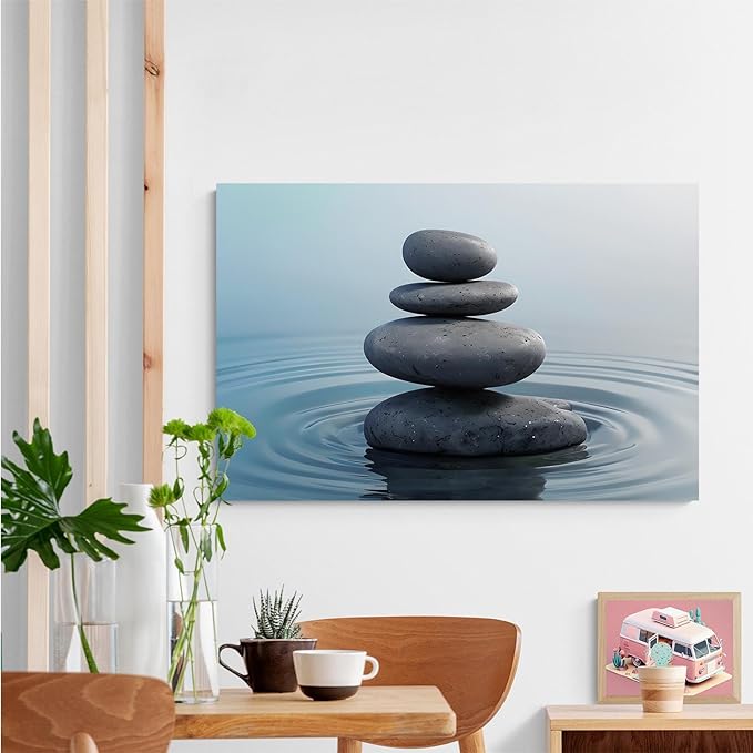 Zen wall art Harmonious grey stones stacked on a calm surface of water Serene Zen decor suitable for tranquil homes and spaces of meditation 16x24in Wood Framed