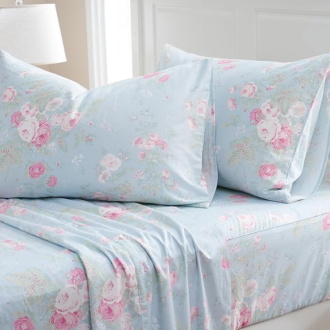 Zusbest Blue Floral Sheets Set California King 100% Cotton Pink Flowers Bed Sheet Shabby Vintage Chic Bedding Romantic Pastoral Original Design Soft Luxury Deep Pocket Fitted Sheet 17.5'', 4 Pcs