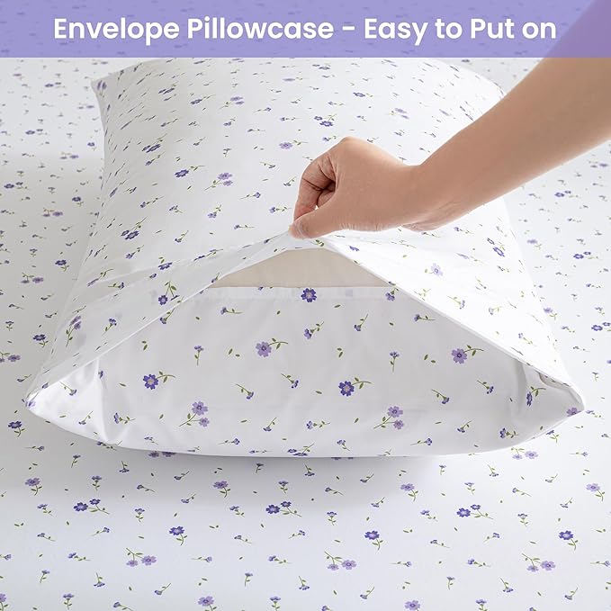 Softan Floral Full Sheet Set Purple Flower Printed Bed Sheets Double, Cozy Microfiber Patterned Fitted Sheets with 15" Deep Pocket & Non-Slip Straps, Cute Purple Sheets and Pillowcase Set