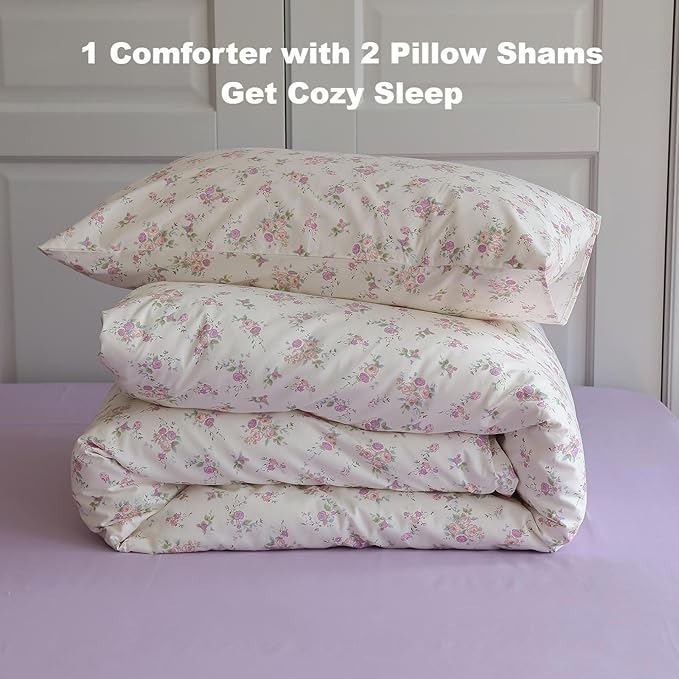 Vintage Garden Floral Comforter Set Full Size Cute Pink Floral Bedding Comforter Soft Fluffy Reversible Botanical Flowers Comforter with 2 Pillowcases Boho Cottagecore Bedding Full Comforter Set