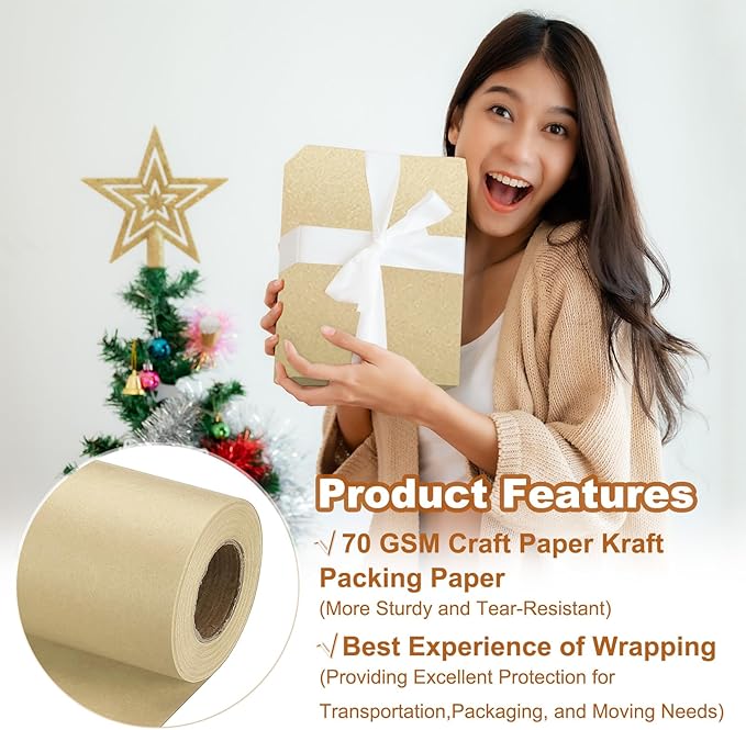 PATIKIL Wrapping Paper, 20" x 450"(37') 70 GSM Craft Paper Roll Kraft Packing Paper for Poster Bulletin Board, Gift Wrapping, Brown