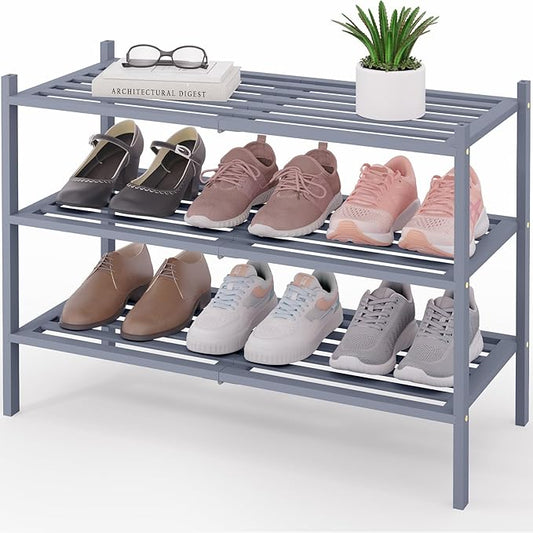 Smiry Bamboo Shoe Rack 3-Tier, Stackable Wooden Shoe Organizer for Entryway & Closet, Free Standing Wood Shoe Storage Shelf for Front Door & Small Spaces, Grey