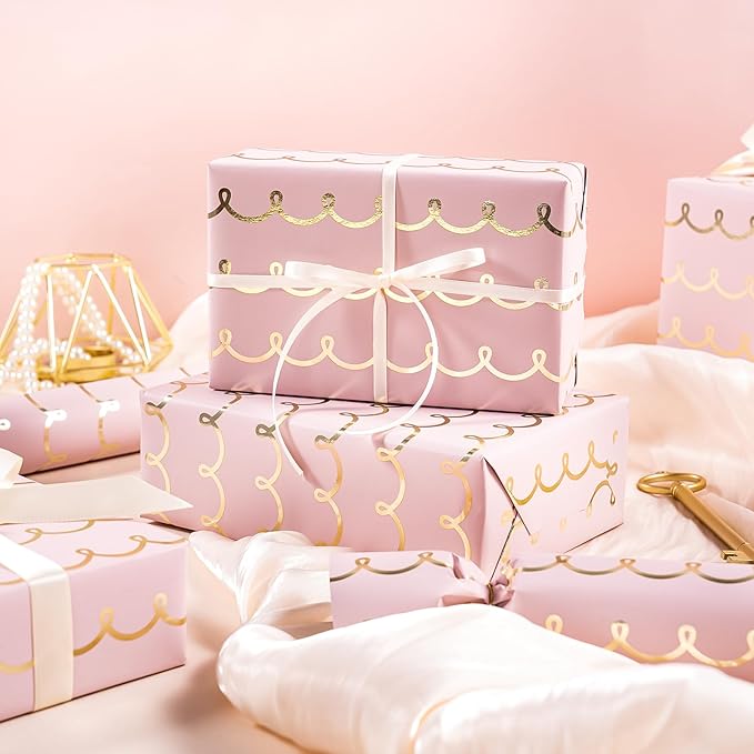 WRAPAHOLIC Pink Wrapping Paper Roll - Mini Roll - 17 Inch x 16.5 Feet - Metallic Foil Chic Classic Pink and Gold Wedding Wrapping Paper for Birthday, Wedding, Baby Shower, Valentine's Day
