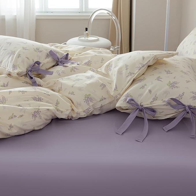 Purple Flower Duvet Cover Set Full 3 Pieces Lavender Floral Duvet Cover with Bow Ties,Cottagecore Bedding Set 100% Cotton Vintage Country Comforter Cover for Teens Girls without Filling-80"x90"