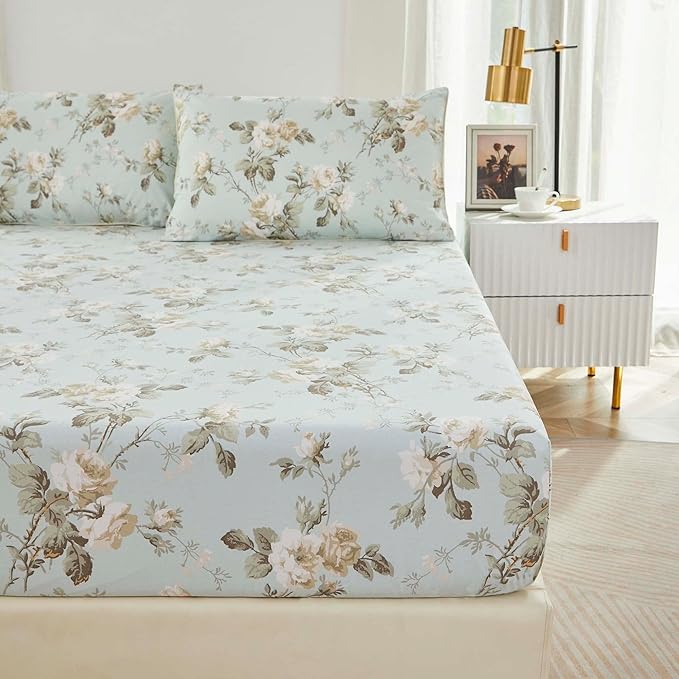 Brandream French Country Garden Toile Floral Print Bed Sheet Set Luxury Bedding 800 Thread Count 100% Egyptian Cotton Deep Pocket Tapestry Pattern Chinoiserie Peony Blossom Tree, 4Piece-King Size