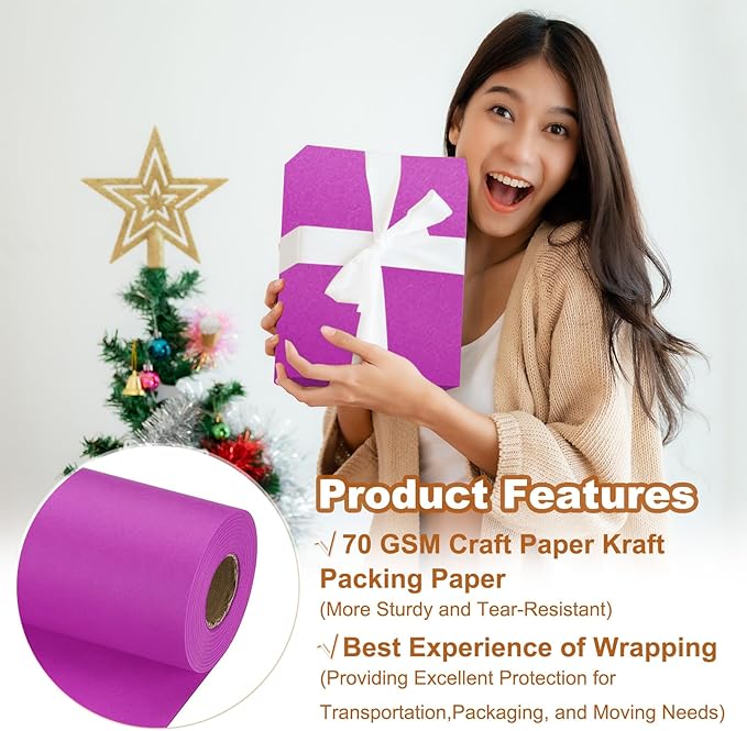 PATIKIL Wrapping Paper, 20" x 700"(59') 70 GSM Craft Paper Roll Kraft Packing Paper for Poster Bulletin Board, Gift Wrapping, Purple