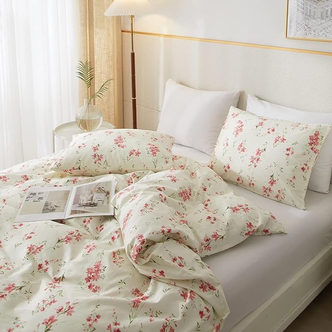Boho Floral Duvet Cover Twin XL Soft Cotton Pink Floral Bedding Set Chic Garden Style Cute Flower Pattern Duvet Cover Vintage Floral Botanical Comforter Cover 1 Twin XL Duvet Cover with 2 Pillowcases