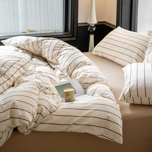 Striped Comforter Set Twin XL Size Grey Stripes Pattern Printed Comforter 3 Pieces Lightweight Boho Bedding Comforter Set for All Seasons Breathable Soft Fluffy Beige Comforter with 2 Pillowcases