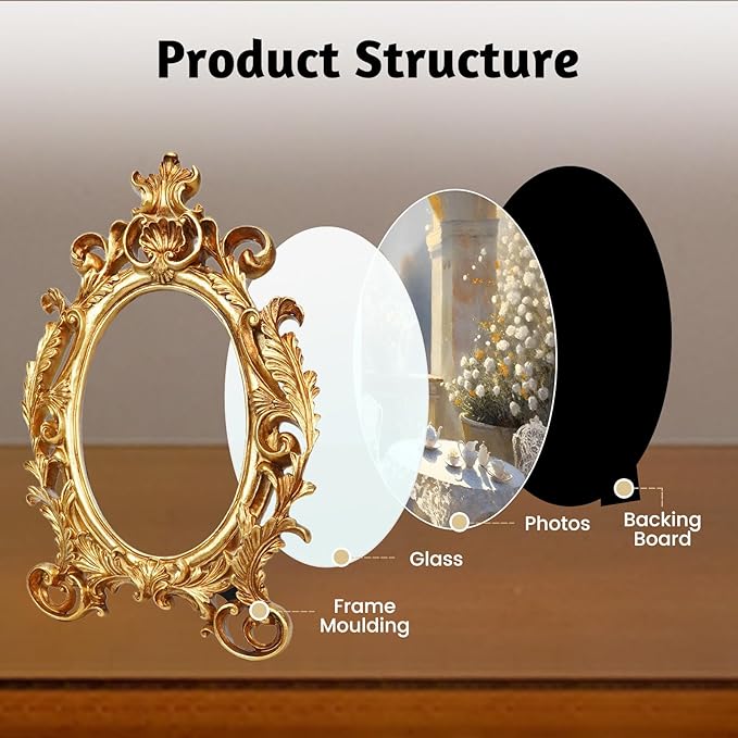 Gold Picture Frames, 5x7 Oval Vintage Photo Frame, Classic Carved Resin Picture Frame with Glass Front, Ornate Hand-Crafted Photo Frames for Tabletop or Wall Hanging, Photos Display Frame