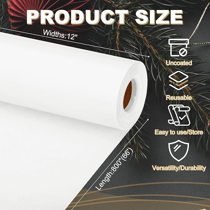PATIKIL Wrapping Paper, 12"x800"(66') Bulletin Board Paper Roll Kraft Paper Roll Construction 80GSM for Shipping Packing Gift Wrapping Craft Flower Bouquet Christmas, White