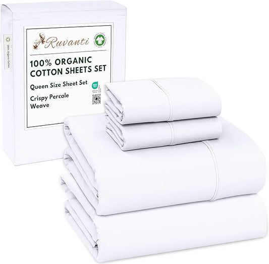 RUVANTI 100% Organic Cotton Sheets Queen Size, Percale Weave, GOTS Certified, 4-Piece Set, Deep Pocket 15", Crisp & Breathable, Soft Durable Bedding, Sábanas Algodón Orgánico – Bright White