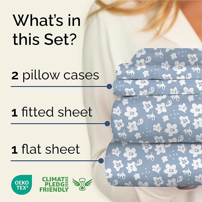 Floral Sheets - Blue Floral Bed Sheet Set - 1 Flat, 1 Fitted & 2 Pillowcases w/ Deep Pockets - Comfy, Wrinkle & Fade Free - Boho Botanical Bedding - Ultra-Soft, Breathable & Cooling - King Size Set