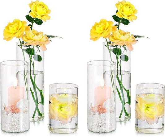Glass Cylinder Vases Set of 6, Hewory Tall Clear Vase for Centerpieces, Glass Hurricane Candle Holders for Pillar Floating Candles, Round Vases for Wedding Events Table Decor, 2.6” in Diameter